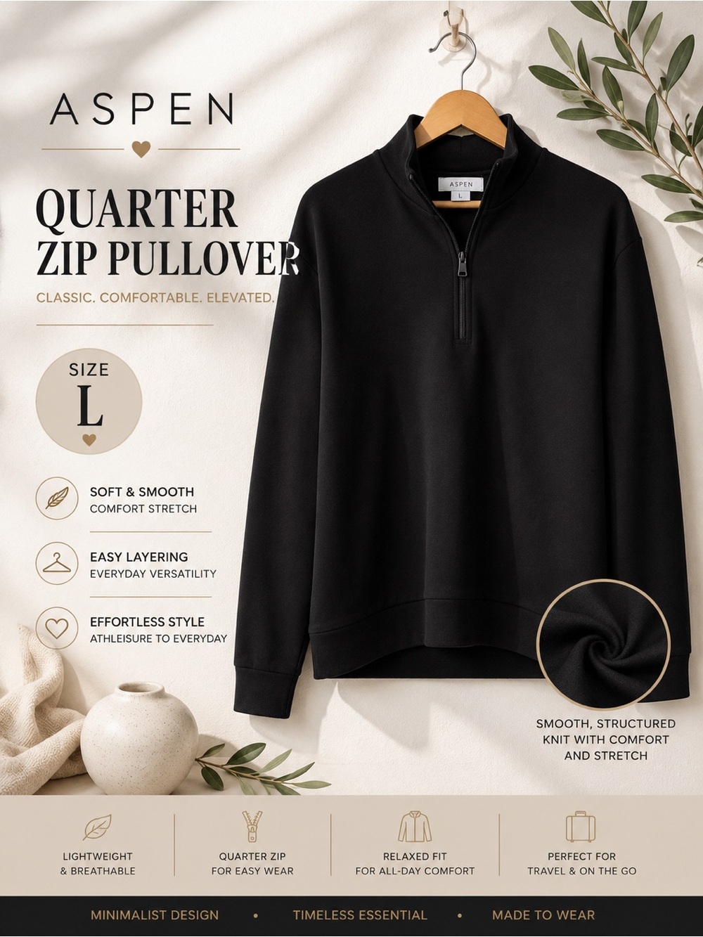 Aspen Quarter Zip Pullover Black Size Large